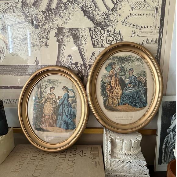 2 vintage Framed Victorian French Fashion Prints La Mode Illustree oval set - Picture 5 of 12